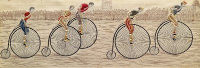 De laatste ronde, Penny Farthing Race geweven zijde Stevengraph, door Thomas Stevens uit Coventry door Unbekannter Künstler