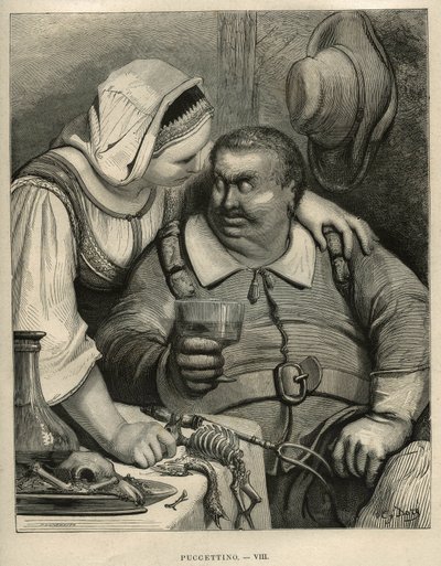 De kleine Pouket: de reus en zijn vrouw na het eten. Gravure door Gustave Dore (1832-1883) uit Les contes door Charles Perrault (1628-1703) door Unbekannt