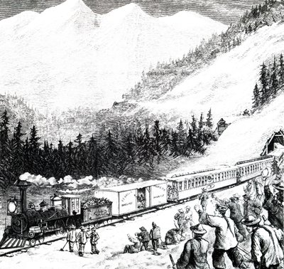De Pacific Railroad in de Sierra Nevada bergen door Unbekannt