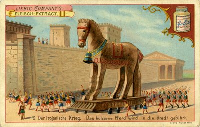 De Trojaanse Oorlogen: Het Houten Paard wordt de stad binnengeleid door Unbekannter Künstler