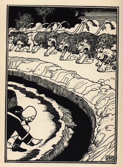 De baron verdedigt zich tegen de aanval van leeuwen door buskruit in brand te steken. Illustratie door William Strang (1859-1921) en JB Clark uit “The Adventures of the Baron of Munchausen (Munchhausen) door Rudolf Erich Raspe (1736-1794) (1789) door Unbekannt