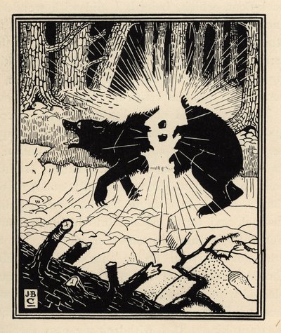 De baron blaast een zwarte beer op met twee vuurstenen. Illustratie door William Strang (1859-1921) en JB Clark uit “The Adventures of the Baron of Munchausen (Munchhausen) door Rudolf Erich Raspe (1736-1794) (1789) door Unbekannt