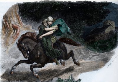 De krijgsheer van de Germaanse stam van de Cherusci Arminius (Armenius) (18 v.Chr.- 21 n.Chr.) ontvoert Thusnelda (Arminius (Hermann) stamhoofd van de Germaanse Cherusci en zijn vrouw Thusnelda) Gravure uit "Germania" door Johannes Scherr 1880 door Unbekannter Künstler