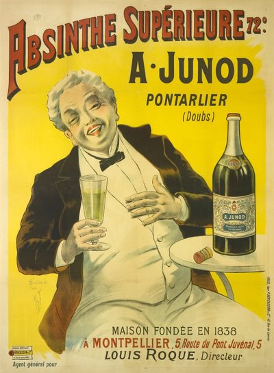 Een man die op een terras van een café zit en in lachen uitbarst terwijl hij een glas absint drinkt door Unbekannt