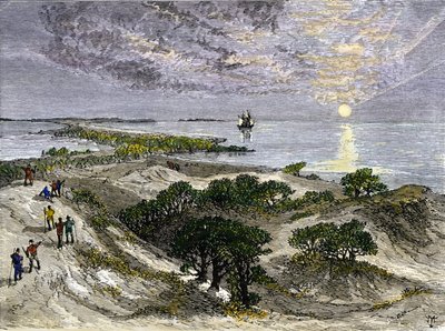Verenigde Staten, Staat Virginia: Engelse kolonisten op Roanoke Island Lands door Unbekannter Künstler
