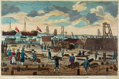 Uitzicht nabij Woolwich, Kent, Engeland, met de inzet van krachten om pontons te bouwen (ontwapende schepen gebruikt als drijvende gevangenissen) door Unbekannter Künstler