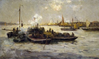 Uitzicht op Limehouse, Engeland, met een beschrijving van de industrialisatie van de Theems aan het einde van het Victoriaanse tijdperk (laat 19e eeuw) en van sleepboten, cutters en schuiten, op de achtergrond de Witte Toren van Sint George door Unbekannter Künstler
