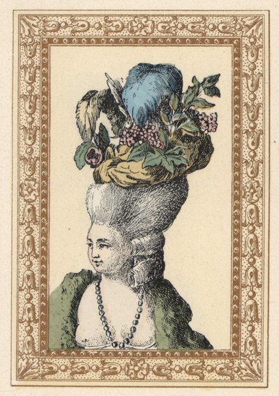 Vrouw in opgestoken kapsel met muts versierd met druiven en veren genaamd Racy Cap in een Engels park. Galante hoed in het Engelse park. Handgekleurde lithografie door de Laubadere uit Octave Uzane