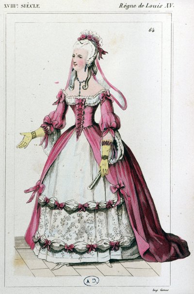 Vrouw gekleed als Mme de Pompadour, ca. 1810 (gravure) door Unbekannter Künstler
