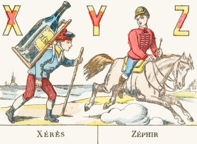 X Y Z : Xeres, Zephir - een jongen draagt een grote fles wijn en een ruiter galoppeert op zijn paard genaamd Zephyr - Spellenalfabet, circa 1890 door Unbekannt