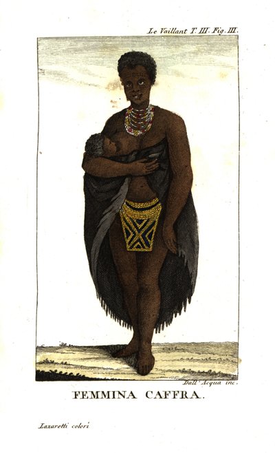 Jonge San vrouw die een kind voedt, Zuid-Afrika. Ze draagt een cape, kettingen en een kralenrok. Uit Francois Le Vaillant (Levaillant door Unbekannter Künstler