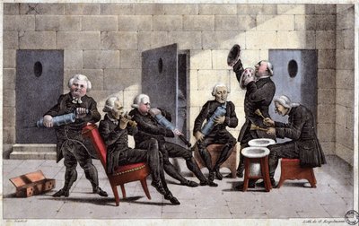Amateurs spelen een courante, Franse cartoon tegen artsen (met spuiten en kamerpotten als muziekinstrumenten) en de zuiverende in de 18e eeuw, gravure door Elgelmann, ca. 1830 door Unbekannter Künstler