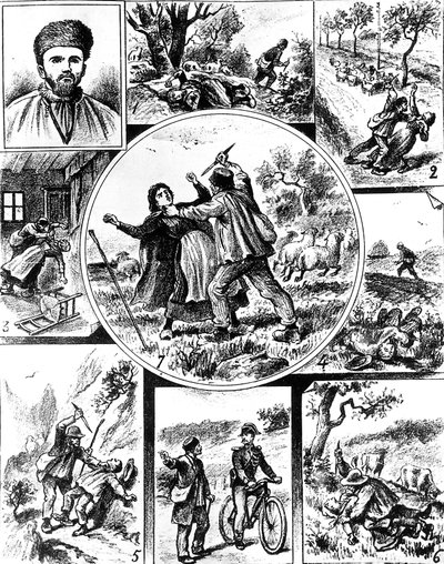 de Vacher-affaire, in Frankrijk eind 19e eeuw, een van de eerste seriemoordenaars, in 1895-1898, gravure door Unbekannt