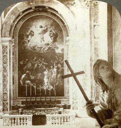 Mozaïek boven het Altaar van de Transfiguratie, Sint-Pietersbasiliek, Rome, Italië door Underwood and Underwood