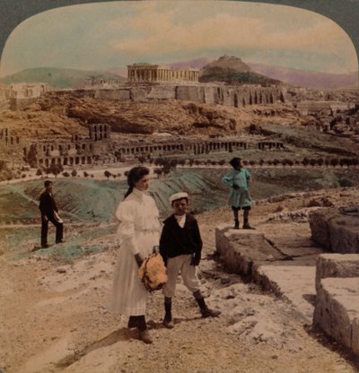 De Akropolis van Athene, Lycabettus en Koninklijk Paleis, vanaf het Philopappos-monument, 1907 door Underwood and Underwood