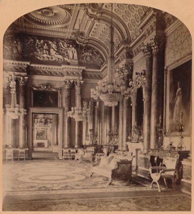 De prachtige blauwe kamer van de koningin, Buckingham Palace, Londen, Engeland, 1900 door Underwood and Underwood