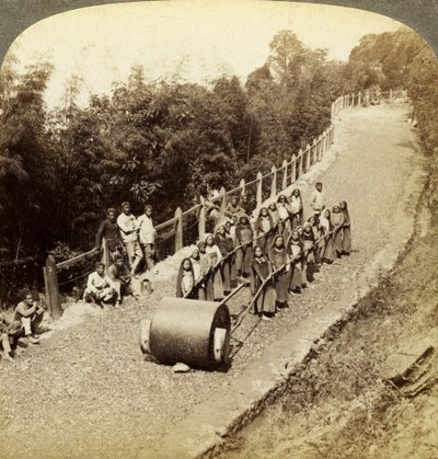 Vrouwen werken aan de Darjeeling Highway, India door Underwood and Underwood