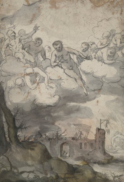 Hemelse figuren boven een kasteel verwoest door Dood en Duivel door Unknown