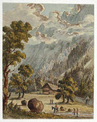 Chalet en tuin onder Alpen (recto); Village  Glacier du Boissons, Chamix (verso) door Unknown