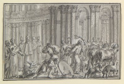 Christus verjaagt de geldwisselaars uit de tempel, een van vier scènes uit het leven van Christus door Unknown