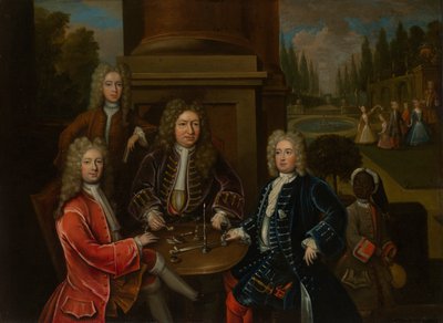 Elihu Yale zittend aan tafel met de Tweede Hertog van Devonshire en Lord James Cavendish door Unknown