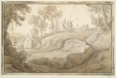 Heuvelachtig landschap met huis en kerk in de verte door Unknown