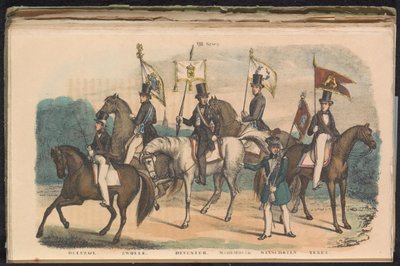 Kostumen en vaandels van de erewachten van Delfzijl, Zwolle, Deventer, Medemblik, Winschoten en Texel, 1840-1842 door Unknown