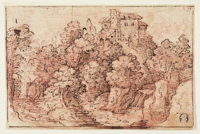 Landschap: Huis op beboste heuvel door Unknown