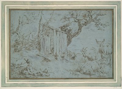 Landschap met Mercurius die een Herder Nadert (recto); Dierenkop (verso) door Unknown