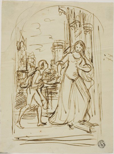 Literaire illustratie: Middeleeuwse dame met pagina (recto); schetsen van figuren (verso) door Unknown