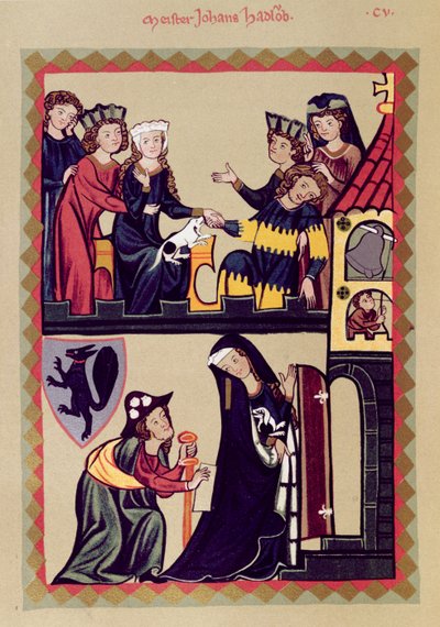 Meister Johannes Hadloub, illustratie uit een facsimile van het Manesse Codex of Grosse Heidelberger Liederhandschrift, gemaakt in Zürich ca. 1305-40 door Unknown