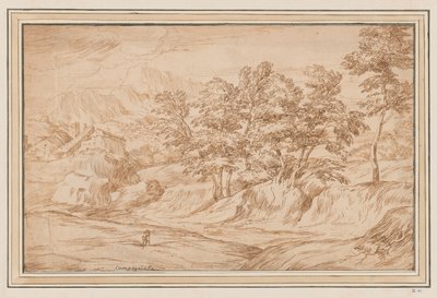 Bergachtig Landschap met Huizen Links en Bomen Rechts door Unknown