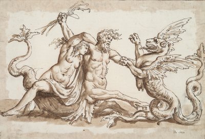 Nereïde en Triton vechten tegen een griffioen door Unknown