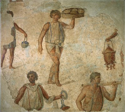 Voorbereidingen voor een banket, fragment van marmer, kalksteen en glasmozaïekvloer uit Carthago, Romeins, ca. 180-90 AD door Unknown