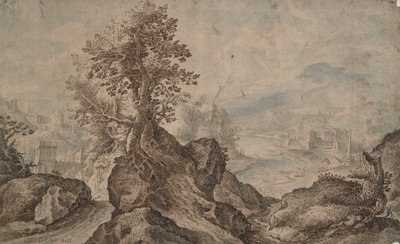 Rotsachtig Landschap met Steden in de Verte door Unknown