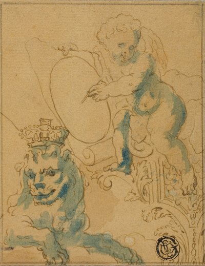 Sectie van plafonddecoratie met Cupido met rol en leeuw met kroon door Unknown