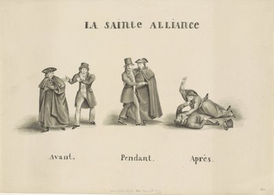 Spotprent op de alliantie gesloten tussen de roomse klerikale partij en de liberale partij tegen de Nederlandse regering, 1828 door Unknown