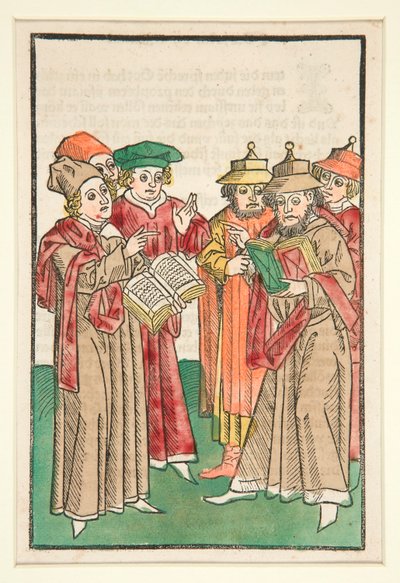 Drie christelijke en drie joodse geleerden in discussie, illustratie uit Der Seelen-Wurzgarten door Unknown