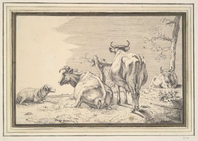 Drie koeien en een schaap door Unknown