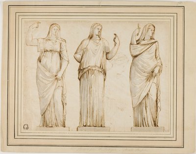 Drie Romeinse Beelden van Gedrapeerde Vrouwelijke Figuren en Schets van een Ander Standbeeld in Profiel naar Rechts door Unknown