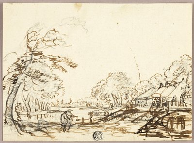 Twee figuren langs rivier bij bruggen en huizen (recto); Twee figuren op brug kijkend naar man in punt (verso) door Unknown