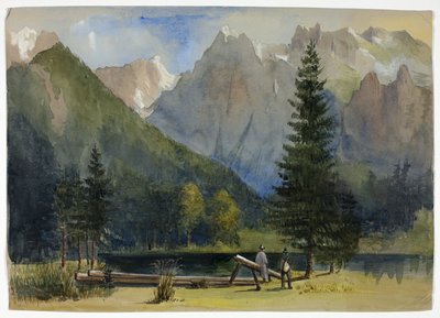 Twee mannen bij vijver onder de Alpen door Unknown