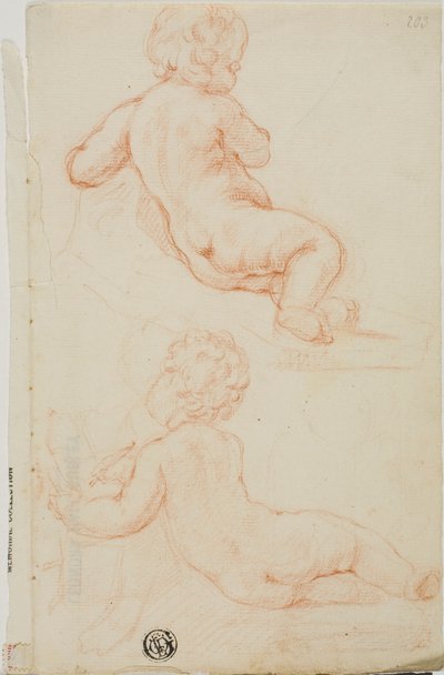 Twee putti van achteren gezien, een schrijvend door Unknown