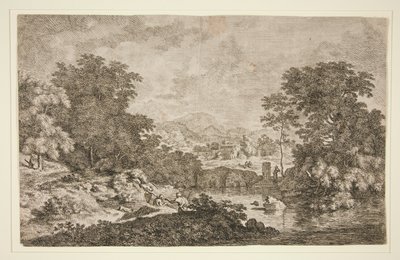 Zonder Titel [Pastorale scène - bergachtig landschap nabij water en vijf figuren] door Unknown