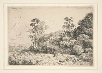 Zonder Titel (landschap met schapen en een herder) door Unknown