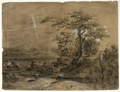 Boslandschap met koeien op de voorgrond door Unknown