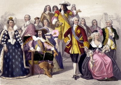 1610 tot 1774. Marie de Medici, Lodewijk XIII, Lodewijk XV, Marie Antoinette en Lodewijk XVI. Gravure van de 19e eeuw door Unknown artist