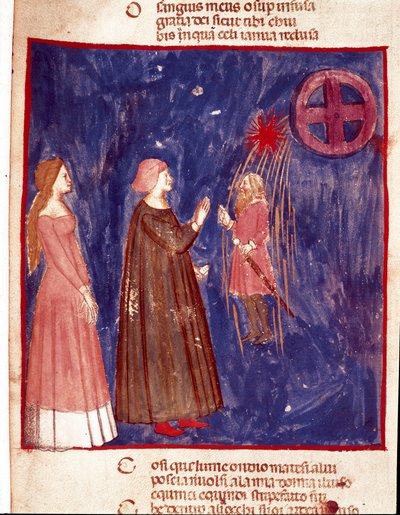 5e hemel: Dante en Beatrice ontmoeten Heer Cacciaguida in de hemelse sfeer van de zielen van de strijders. Verluchte pagina die een lied van het Paradijs uit de 
