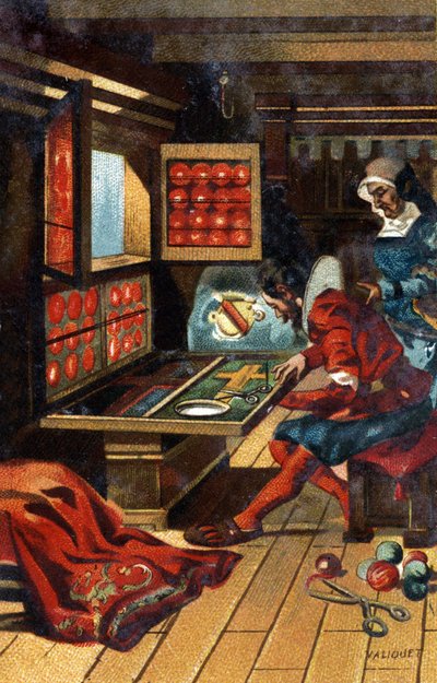 Een Chasublier (een arbeider die allerlei kerkelijke kleding maakt) in 1546. Chromolithografie uit de late 19e eeuw door Unknown artist