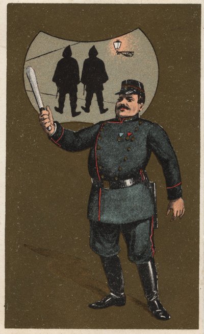 Een Franse politieagent in uniform met zijn wapenstok. Anonieme chromolithografie, eind 19e eeuw. door Unknown artist